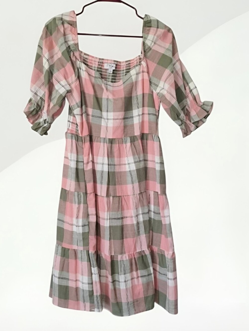 Polagram Plaid Puff Sleeve Cottagecore Tiered Dress